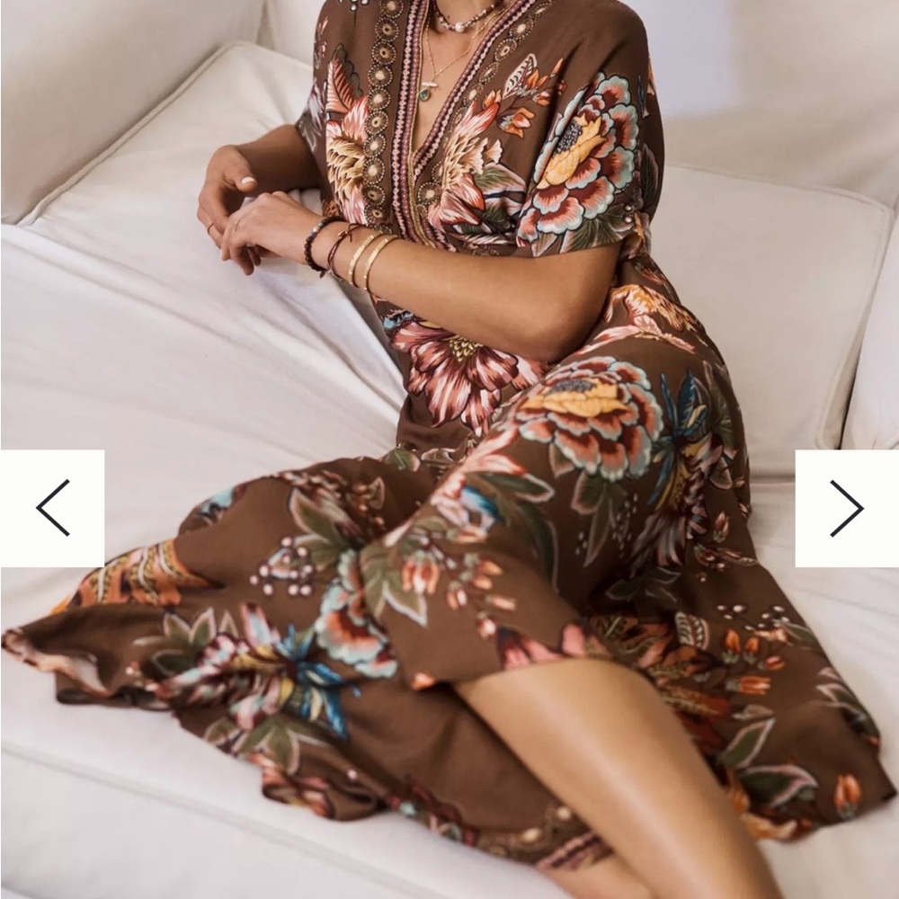 FARM Rio Brown Floral Maxi Dress with Pink & Yellow Accents - Picture 2 of 13